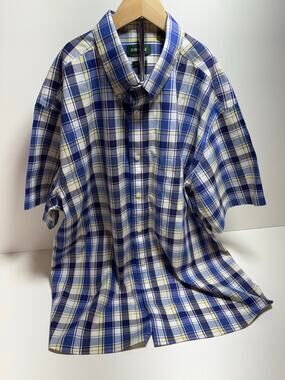 Orvis Men’s Plaid Grandpa Core Short Sleeve XL Blue Yellow Button Front Shirt